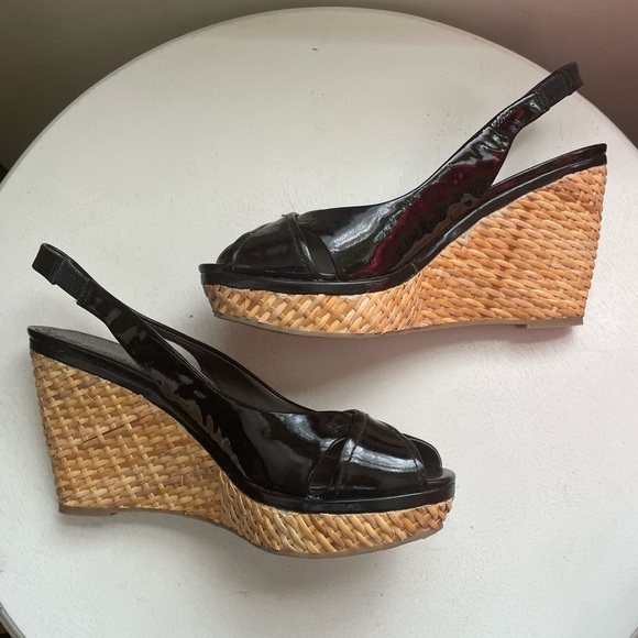Nordstrom Black Patent Leather Slingback Basket Weave Platform Wedge Sandals 9 - Picture 1 of 7
